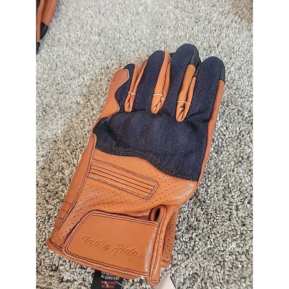 New Indie Ridge Denim On Camel Leather Motorcycle Riding Gloves Sz XXL - Picture 2 of 8